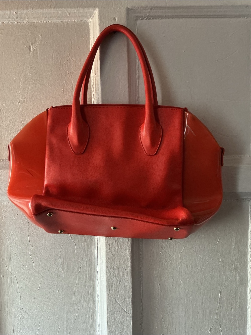 Furla Vibrant Red-Orange Structured Tote with Gold Lock - Picture 6 of 14
